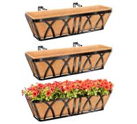 Riare 3 Pack 24 Inch Metal Railing Planter Window Box with Coco Liner- Adjustable Window Flower Boxes for Railings, Hanging Rail Planters for Deck, Balcony, Porch, Fence, Indoor Outdoor Plants