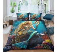 RIAVBAODG Beautiful Mermaid 3D Printed Duvet Cover Set Easy Care Microfibre Soft Harp Bedding Set Hidden Zipper for Kids Girls Teens 3 Pcs with Pillow Case Double（200x200cm）