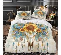 RIAVBAODG Bull Skull 3D Printed Duvet Cover Set Elements of Nature And Mysticism for Bedding Soft Bedspread Zipper Closure for Kids Girls Teens 3 Pcs with Pillow Case Super King（260x220cm）