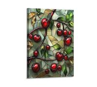 RIAVBAODG Cherry Blossoms And Leaves Wall Decor Poster Fruit 3D Stained Glass Canvas Prints Picture Modern Canvas Wall Art Picture Living Room Bedroom Restaurant Home Office Decor 20x30inch(50x75cm)
