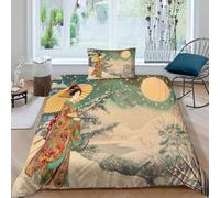 RIAVBAODG Japanese Geisha 3D Printed Duvet Cover Set Ukiyo-e Bedding Set Soft Microfiber Quilt Zipper Closure Cover with Pillow Case for Kids Girls Teens Single（135x200cm）