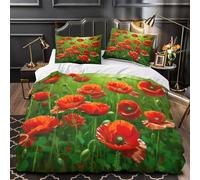 RIAVBAODG Poppy Flowers 3D Duvet Cover 3 Pcs Print Poppy Bedding Set Microfibre Comforter Cover For Child Teens Youth Man Room Decor Quilt Cover with Pillowcase Single(140x200cm)