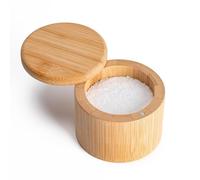 Riavzau Bamboo Salt Cellar, Maldon Sea Salt Box with Magnetic Swivel Lid, Round Salt Container for Storing Salt Pepper Sugar Herbs,6 Ounce Capacity
