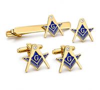 Riaz impex Masonic Tie Clip and Cufflink Set for Men - Gold Tone Square & Compass with Blue Enamel, 4-Piece Freemason Suit Accessories Gift Set for Business, Formal Wear & Lodge Meetings