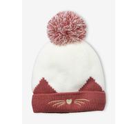 Rib Knit Beanie with Embroidered Cat pink dark solid with design