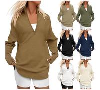 Rib Knit Sweater Womens - Quarter Zip Knitted Jumper Women V Neck Collar Ribbed Knitted Sweaters Long Sleeve Half Zip Pullover Sweaters Loose Comfy Jumper Tops Fashion Slouchy Jumper Tops Khaki