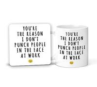 Rib ticklerz - Funny Mug and Coaster Set for Colleague - Secret Santa Gifts - You're The Reason I Don't Punch People in The Face at Work - Office Joke Cups - CM9