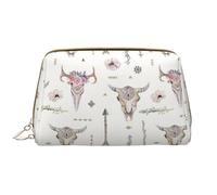 Ribal Bull Skull On White Leather Hand-Held Zipper Makeup Bag Pen Case Stationery Box Lipstick Pouch Toiletry Bag