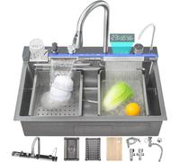 Ribanedy 80 cm Smart Digital Display Waterfall Sink, 304 Stainless Steel Modern Kitchen Sink with 5 Water Outlet Modes, Waterfall Pull-Out Faucet, Cup Washers and Accessory Set