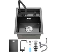 Ribanedy Black Hidden Single Bowl Kitchen Sink, 30x45cm, Stainless Steel Undermount Bar/Campervan Sink for Camping and Small Spaces