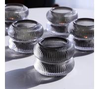 Ribbed Black Tealight Holders for Daily Room Decor, 7cm W X 5.5cm H | Vintage Ribbed Tea Light Candle Holders Glass Set of 6, Black Tea Light Holders Class for Birthday Table Decorations(Grey)