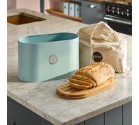 Cooks Professional Ribbed Bread Bin with Linen Bag & 2-in-1 Bamboo Cutting Board Lid | Modern, Stylish & Breathable Countertop Food Storage Canister for Loaves, Rolls, Pastries | Blue & Silver