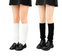 Ribbed Calf-Length Leg Warmers, Black and White, 2 Pairs, Open-Ended