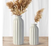 Ribbed Ceramic Vase, iulrtba White Ceramic Flowers Vase for Pampas Grass Deco, Dried Flower Vases, Flower Vase for Boho Home Decor, Glazed Flower Vase for Living Room/Dinner Table/Bedroom, Set of 2