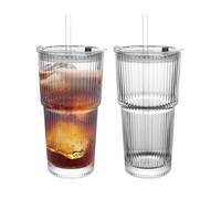Ribbed Drinking Glasses ,with Lids and Glass Straws Glass Cup,19oz Glass cup,6 Pack Old Fashioned Glasses,Thickened glass for iced coffees,cocktails and juices, perfect for families and parties (2)