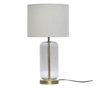 Ribbed Glass Brass Table Lamp or Bedside Light, Cear Glass with Ivory Fabric Shade, Height 49cm.
