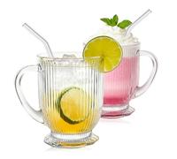 Ribbed Glass Coffee Mug,16oz Heat Resistant Coffee Glasses Mugs with Handle,Durable Drinkware with Straws for Hot Beverages,Coffee,Tea,Milk,Juice,Ice Cream,Set of 2