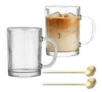 Ribbed Glass Coffee Mugs Set, 2-Pack 350ml Borosilicate Ribbed Cups with Handle for Hot and Cold Beverages, Tea, Cappuccino, Macchiato, Milk, Juice,Mugs with Handle