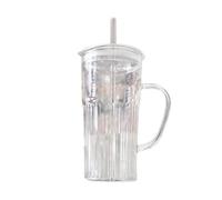 Ribbed Glass Cup with Lid and Straw - Leakproof Glass Cups with Handle Iced Coffee Cup 600 ML Transparent High Temperature Resistant - Tea/Milk/Juice/Smoothie/Latte/Hot/Cold Drinking Tumblers