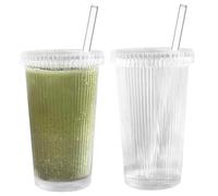 Ribbed Glass Cups 2Pcs 375ml Clear Glass Cups with Lids and Straws Multi-Purpose Vertical Striped Mug for Iced Coffee, Beverage, Milk, Cocktails