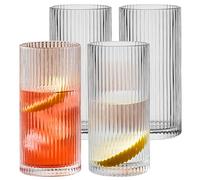 Ribbed Glasses 4Pcs 450ml Glass Ribbed Cups Round Minimalist Ribbed Glass Cups Transparent Ribbed Glassware for Cocktail Iced Coffee Juice Beer Soda, Ribbed Glass Cups