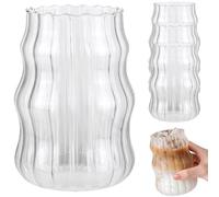 Ribbed Glassware 530ml Wavy Glass Cup Reusable Easy to Clean Ribbed Glass Cups Transparency Aesthetic Glass Cup for Iced Coffee Juice Beverage Milk