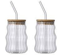 Ribbed Glassware Drinking Glasses with Straws and Lids Wave Fluted Glassware 500ML Coffee Cups Tumbler Ribbed Drinking Glasses Juice Glasses Tumbler Glasses Fluted Glassware for Juice Beverage 2Pcs