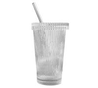 Ribbed Glassware Set - 375ml Food Grade Tumblers, Masons Jar Drinking Glasses with Lids & Straws, Reusable Coffee Bar Accessories | Ribbed Glass Cups for Iced Coffee Whiskey Cocktail Tea Juice