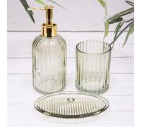 Ribbed Green & Brown Glass Refillable Soap Pump Dispensers, Dish & Toothbrush Holder Bathroom Accesorry 3 Piece Set (Green)