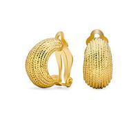 Ribbed Grooved Cable Rope Stripe Wide Half Hoop Dome Curved Clip On Earrings For Women Non Pierced Ears Gold Tone Plated