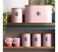 Cooks Professional 5 Piece Ribbed Tea Coffee Sugar Bread & Biscuit Cannisters with Air-Tight Bamboo Lids | Stainless Steel Kitchen Storage Bin Set | Modern & Stylish | Pink & Silver