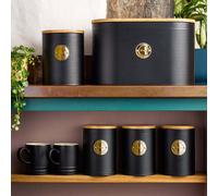 Cooks Professional 5 Piece Ribbed Tea Coffee Sugar Bread & Biscuit Cannisters with Air-Tight Bamboo Lids | Stainless Steel Kitchen Storage Bin Set | Modern & Stylish | Black & Gold