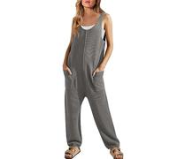 Ribbed Knit Dungarees for Women UK,Womens Sleeveless Casual Solid Jumpsuits Rompers Durable Workwear Overalls Loose Straight Leg Palazzo Lounge Playsuit Trousers with Pockets Grey