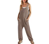 Ribbed Knit Dungarees for Women UK,Womens Sleeveless Casual Solid Jumpsuits Rompers Durable Workwear Overalls Loose Straight Leg Palazzo Lounge Playsuit Trousers with Pockets Coffee
