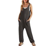 Ribbed Knit Dungarees for Women UK,Womens Sleeveless Casual Solid Jumpsuits Rompers Durable Workwear Overalls Loose Straight Leg Palazzo Lounge Playsuit Trousers with Pockets Dark Gray