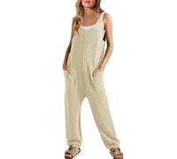 Ribbed Knit Dungarees for Women UK,Womens Sleeveless Casual Solid Jumpsuits Rompers Durable Workwear Overalls Loose Straight Leg Palazzo Lounge Playsuit Trousers with Pockets Beige