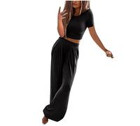 Ribbed Knitted Women 2 Piece Set Y2K Knitted Tracksuit Lounge Wear Short Sleeve Cropped With Wide Legs Trousers Casual Outfits Streetwear Ladies Summer Workout Sets Yoga Running Sets Black XL