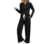 Ribbed Lounge Wear Co Ord Sets For Women Uk 2 Pieces Tracksuit Full Set Half Button-Long Sleeve Tops Women V Neck Drawstring Elastic Waist Tracksuit Bottoms Ladies Pjs Loungewear Sleepwear Homewear