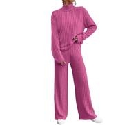 Ribbed Lounge Wear Sets for Women 2 Pieces Tracksuit Full Set Ladies Pjs Sets Knitted Outfit Oversized Long Sleeve Solid Color Tops Wide Leg High Waist Trousers Pants Loungewear Sleepwear Homewear
