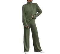 Ribbed Lounge Wear Sets for Women 2 Pieces Tracksuit Full Set Ladies Pjs Sets Knitted Outfit Oversized Long Sleeve Solid Color Tops Wide Leg High Waist Trousers Pants Loungewear Sleepwear Homewear