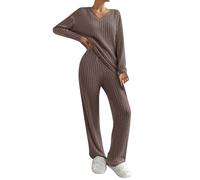 Ribbed Lounge Wear Sets For Women 2024 Ladies Tracksuits Knitted Outfit Oversized Long Sleeve Solid Color Top Wide Leg High Waist Trousers Fluffy Cosy V Neck Pyjamas Holiday Dailywear For Women Brown