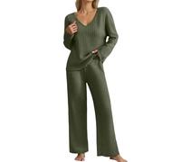 Ribbed Loungewear Sets for Women 2 Piece Track Suits Elegant V Neck Wear Casual Knit Pullover Tops Elastic Waisted High Waist Wide Leg Trousers Loungewear Sleepwear Leisure Outfits (Green, XXL)