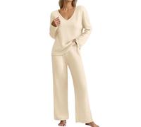 Ribbed Loungewear Sets for Women 2 Piece Track Suits Elegant V Neck Wear Casual Knit Pullover Tops Elastic Waisted High Waist Wide Leg Trousers Loungewear Sleepwear Leisure Outfits (2-Beige, M)