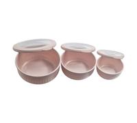Ribbed Storage Bowls with Airtight Lids - Set of 3 Nesting Containers - 300ml, 750ml, 1400ml - Clear View Lids with Silicone Seal - Freezer & Dishwasher Safe - Natural Colours (Pink)