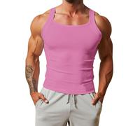 Ribbed Tank Tops for Men Sleeveless Shirts Square Cut Muscle Compression T-Shirt Slim Fit Undershirt 2026 Summer Tees Camisetas Sin Mangas para Hombre(Pink, S)