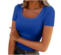 Ribbed Tops for Women UK Short Sleeve T Shirts Summer Crewneck Solid Color Tshirts Lightweight Slim Fit Tee Shirts Casual Comfortable Plian Tshirts Ladies Blouses Size M-3XL Blue