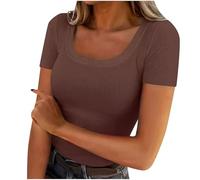 Ribbed Tops for Women UK Short Sleeve T Shirts Summer Crewneck Solid Color Tshirts Lightweight Slim Fit Tee Shirts Casual Comfortable Plian Tshirts Ladies Blouses Size M-3XL Coffee