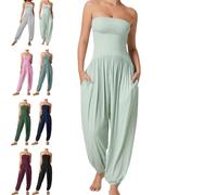 Ribbed Tube Backless Side Pocket Casual Jumpsuit, Spaghetti Straps Wide Leg Yoga One Piece Romper for Women (Light Green,X-Small)