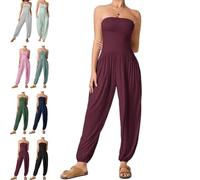 Ribbed Tube Backless Side Pocket Casual Jumpsuit, Strapless Wide Leg Yoga One Piece Romper with Pocket (Wine Red,L)