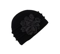 Ribbed Wool Cloche Beanie Hat with Flower Detail (Black/Charcoal)